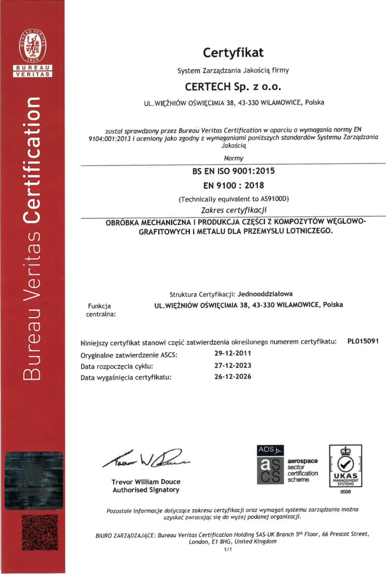 Certyfikat EN 9100:2018 / AS9100D dla Certech Sp. z o.o.